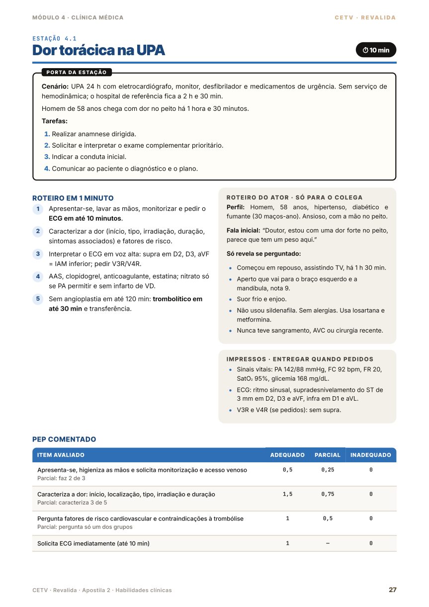 Estação de dor torácica na UPA, com roteiro do ator e checklist PEP comentado