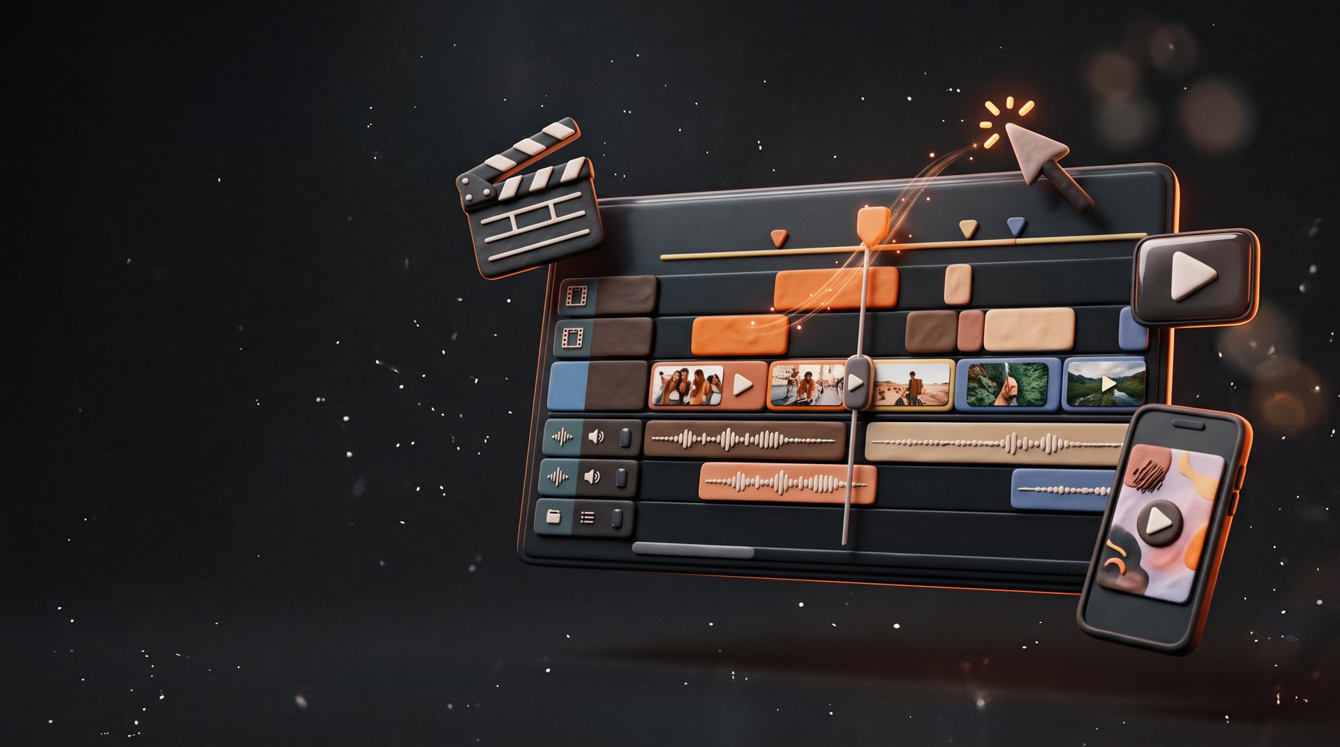 Timeline de edição de vídeo em 3D, com motion graphics, trilha e vídeos verticais