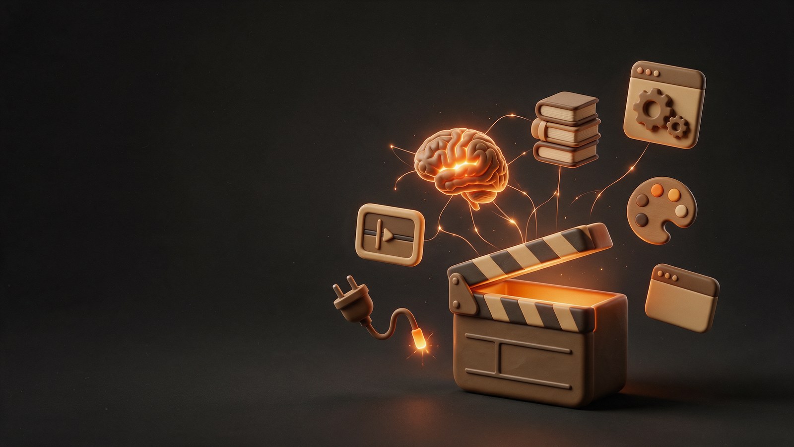Claquete de cinema se abrindo e soltando os módulos do curso: vídeo, conectores, cérebro, livros, paleta, site e app