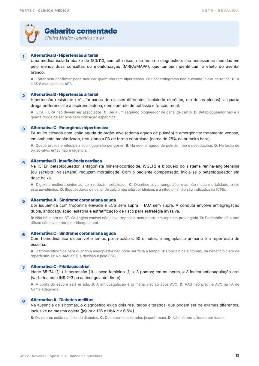 Página de gabarito comentado com explicação de cada alternativa